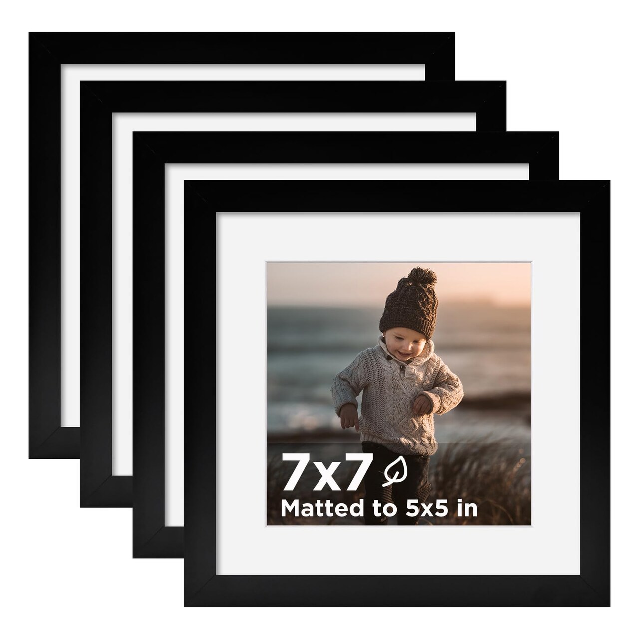 7x7 Picture Frame Black Set of 4, Wooden Square Photo Frames Matted 5x5 with Plexiglass for 5x5 with Mat or 7x7 without Mat for Table and Wall Display